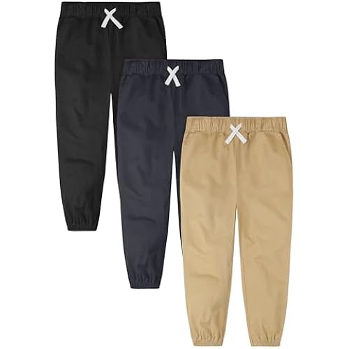 Resinta 3 Packs Boys' Pull On Jogger Pants Kids School Uniform Pants Cotton Stretch Chino Fabric with Elastic Waist