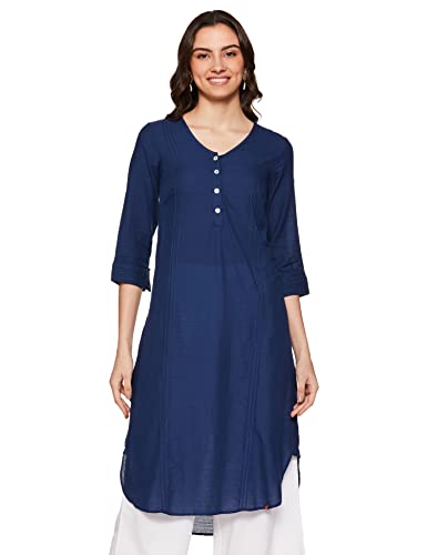 Image of BIBA Women Blue Cotton Solid Kurti