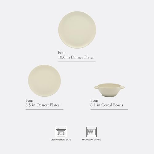 Image of Gibson Elite Clover Hill 12-Piece Stoneware Dinnerware Set - White Cream Embossed Plates and Bowls with Matte Speckled Reactive Glaze, Service for 4 - Microwave & Dishwasher Safe