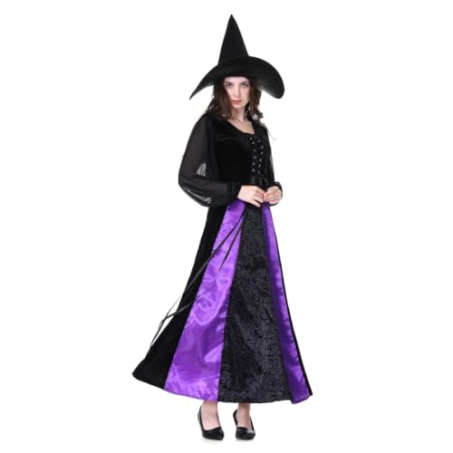clasToonrain Damen Hexenkostüm Set, erwachsenes Hexenkleid mit Hexenhut, Halloween-Kostüm für Frauen(Lila Spitze, M)