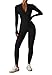 Ecupper Jumpsuits Damen Yoga Bodycon Einteiler Zip Up Overall Rompers Langärmelig Workout Outfit Schwarz L