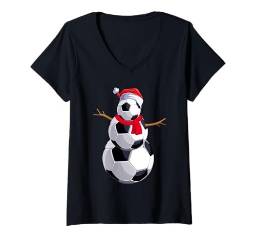 Mujer Divertidas bolas de fútbol de Navidad Papá Noel muñeco de Camiseta Cuello V