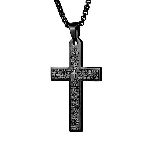Pendant Cross for Car Rear View Mirror Necklace for Men Charm Car Mirror Hanging Accessories Ornament Stainless Steel Lord's Prayer Cross Necklace With Bible Verse (Black)
