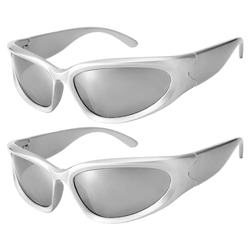 Image of 2Pcs Rave Glasses, Silver Sunglasses, Wrap Around Sunglasses Blue Light Protection-Classic Ultra Light Shades for Men & Women, Running, Driving, Fishing, Cycling and Golf