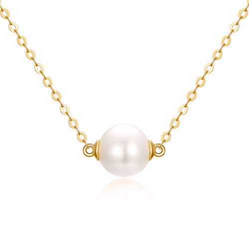 14K Solid Gold Pearl Necklace for Women, Delicate Cultured Freshwater Pearl Choker Pendant Necklace Love Jewelry Gift for Girls, Mom, Wife 16