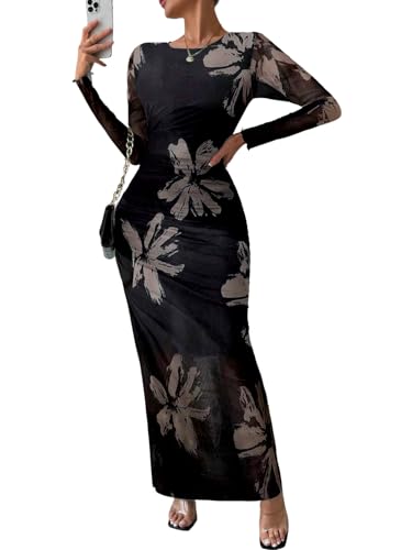 Image of MARZXIN Women Long Sleeve Maxi Dress Bodycon Ruched Formal Slim Fit Tie Dye Dress Formal Mesh Dress