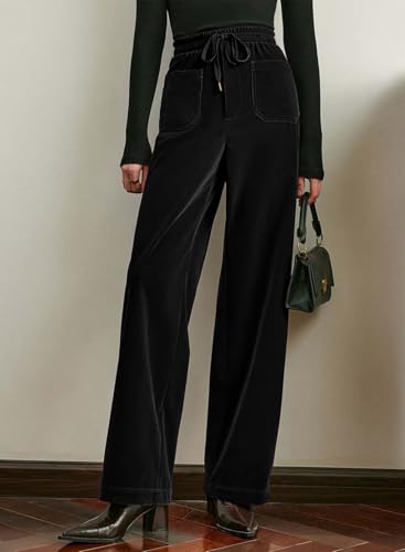 Acelitt Womens Velvet Pants Casual Elastic Waist Straight Leg Stretchy Loose Long Pant with Pockets Fall Outfits for Women2