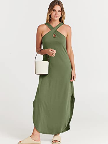Anrabess Women's Casual Loose Sleeveless Beach Dress Criss Cross Slit Maxi Sun Dresses 2023 Fashion Vacation Outfits Summer Clothes Resort Cruise Wear A453Ganlanlv-L Olive #TOP5
