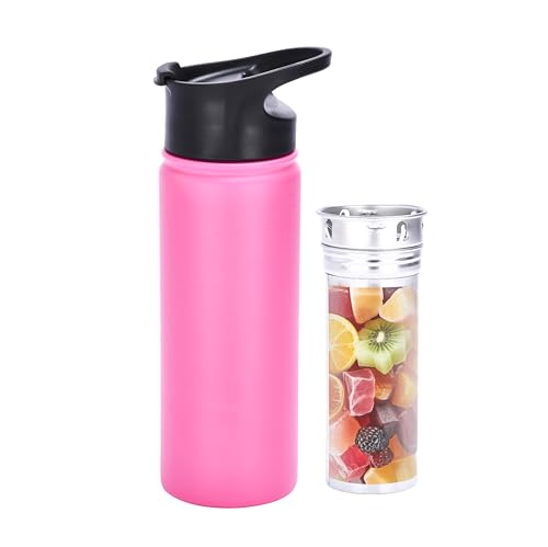 Auxesia Trinkflasche mit Fruchteinsatz - Stahl - Ideal für Aktivitäten im Freien - Hält Flüssigkeiten kühl - Auslaufsicher, Insulated - Teeflasche mit Sieb - 600ml - Pink