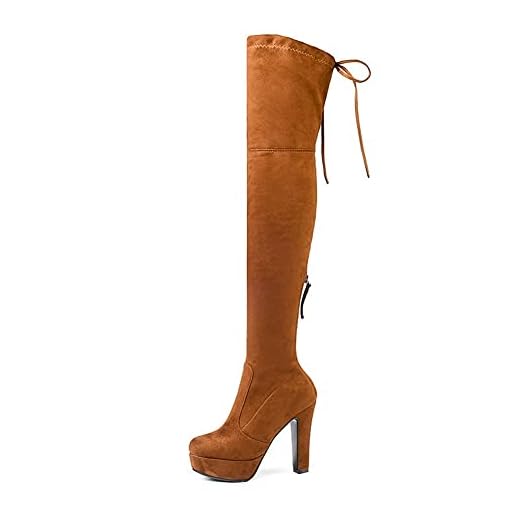 Ladies Platform Over-The-Knie Boots, Ladies Round-Toe Chunky-High-Heel Back Zipper Stretch Boots, Dam mocka långa stövlar (Color : Orange, Size : 41EU)