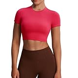 Picture of Aoxjox Short Sleeve Crop Tops for Women Classic Longline Baby Tee Workout T Shirt Top (Love Potion, Large)