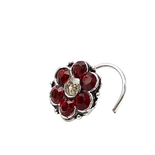 Beautiful Classic Flower Designs American Dimond Silver Oxidized Finishing Without Piercing Nose Pins for Women & Girls (Red)-image-13