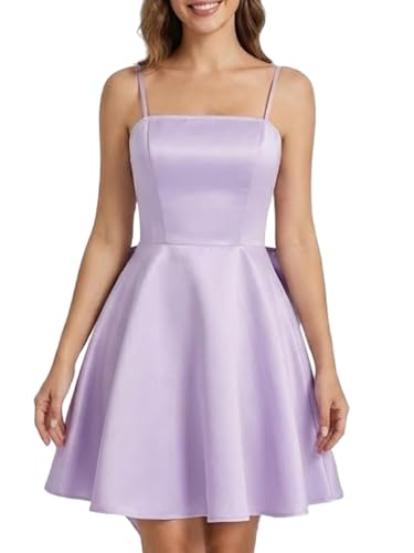 Image of WDIRARA Women's Satin Bow Homecoming Dresses Spaghetti Strap Wedding Guest Gown Summer Mini Dress