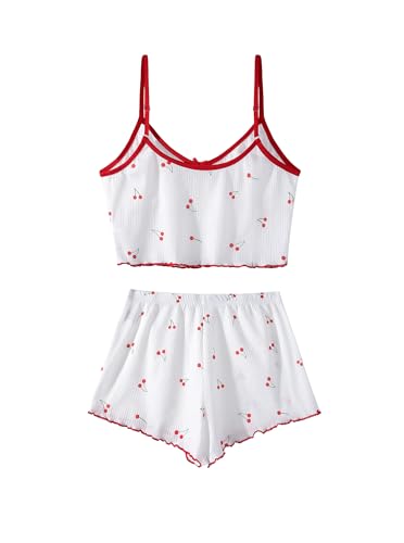 Hilinker Womens Graphic Print Ribbed PJ Set Crop Cami Tops and Shorts Cute Pajamas Set4