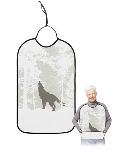 LEOKOTI Forest Wolf Adult Bibs for Eating, Waterproof Bibs with Food Catcher & Adjustable Snap Closure, White Pine Tree Grey Wild Animal Washable Clothing Protectors Adult Bibs for Elderly Women/Men