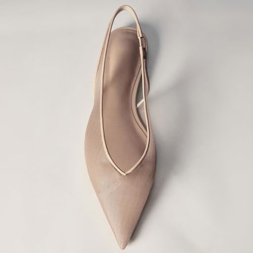 Image of Nude Mesh Slingback Flats for Women Stylish Pointed Toe Design with Comfortable Mesh Material for Breathable Party Dress Elegant Shoes Size 8.5