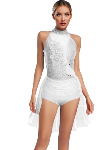 Sinleey Damen Trikot Tanzkleid Modern Contemporary Tanz Gymnastikanzug Lyrischer Ballettkleid B Weiß S