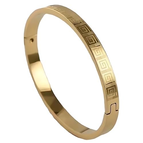 European Style Classic Greek Key Design Bangle Bracelet, Silver-Plated Cuff Bracelet for Men & Women - Fold-Over Clasp with Exquisite Pouch & Box