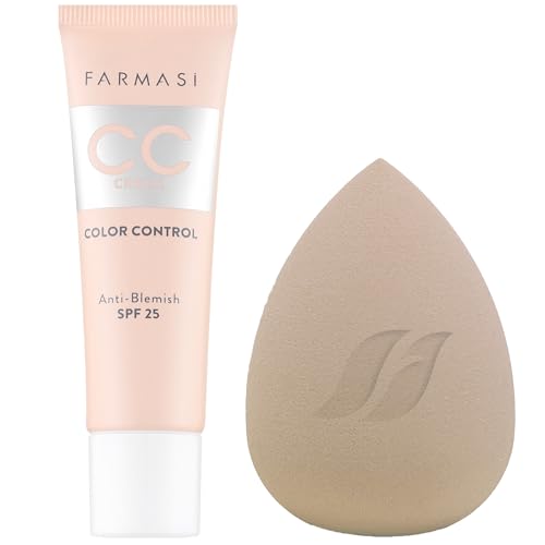 Farmasi CC Cream 04 Medium To Tan SPF 25, 30ml + Latex-Free Makeup Sponge - Multifunctional Color Correcting Cream Hydration Brightening Flawless Complexion + Seamless Blending Sponge for Application