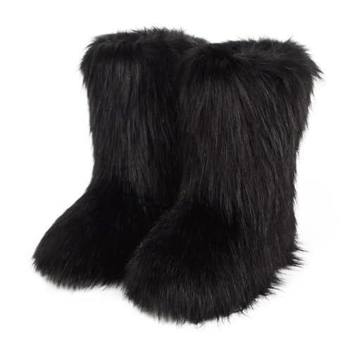 Image of ZOSCGJMY Faux Fur Boots for Women Fuzzy Fluffy Furry Round Toe Suede Winter Snow Boots Flat Shoes