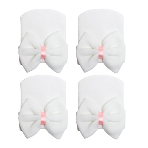Image of DRESHOW BQUBO 4 Pack Newborn Hospital Hat Infant Baby Hat Cap with Big Bow Soft Cute Knot Nursery Beanie