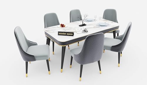 Image of WOODEN SPACE 6-Seater Wooden Dining Table Set | Nano Composite Marble Top | Solid Wood Base | Modern Dining Room Furniture with 6 Chairs (Gray)