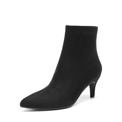 DREAM PAIRS Women's Kitten Heel Ankle Boots Pointed Toe Side Zipper Fall Leather Ankle Booties for Office Work 6 Black-suede