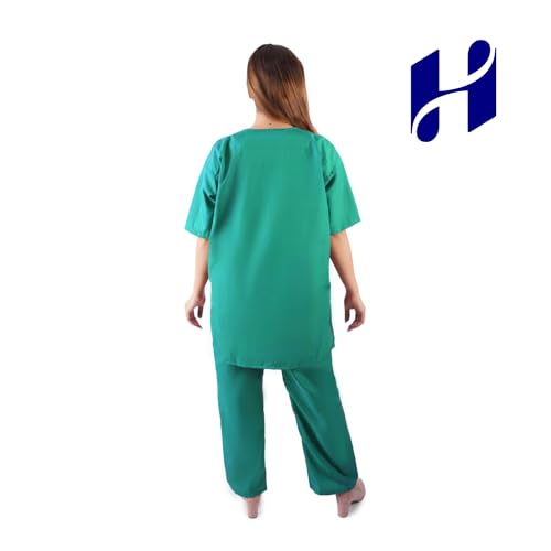 Image of Comfort Scrub Suit for Women - 5-Pocket Set with V Neck Top & Bottom, Half Sleeves, Breathable Fabric - Durable Uniform for Doctors, Nurses, and Dentists in Navy Blue (L, GREEN)