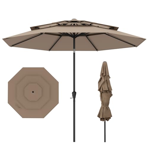 COSTWAY Ombrellone Giardino 300 cm, Ombrellone 3 Livelli con Ventilazione, Inclinazione Regolabile, Manovella, 8 Costole, per Giardino Spiaggia Piscina (Marrone)