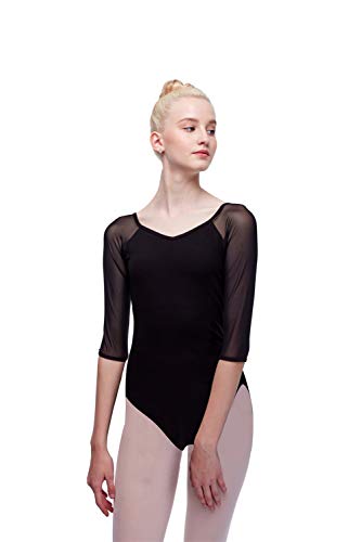 Ruhakslen Women Ballet Dance Leotard Mesh Neck 3/4 Sleeve Cotton Backless Bodysuit