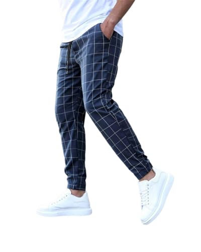 Men's Casual Drawstring Checkered Pants Stretch Slim Fit Skinny Pants Plaid Dress Pants for Men Business Suit Pants2