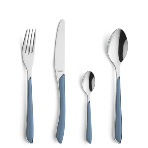 Kuppels Prisma Besteck Set für 6 Personen aus Edelstahl poliert | Besteckset 24-teilig | Hochwertige Kunststoff-Griffschalen in Denimblau | Rostfrei | Essbesteck für 6 Personen | Spülmaschinenfest