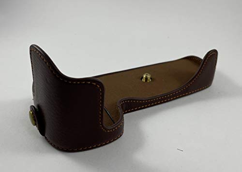 Minico Bottom Opening Version Protective Genuine Real Leather Half Camera Case Bag Cover With Tripod Design For Olympus Pen-F Camera With Genuine Real Leather Hand Strap Dark Brown #TOP1