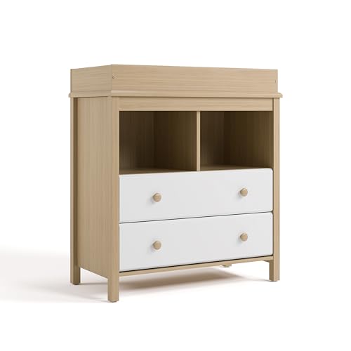 Image of Storkcraft Alpine Nursery Changing Table Dresser Combo (White with Driftwood) - GREENGUARD Gold Certified, Dresser for Nursery, Changing Table with Drawers, Removable Changing Table Topper