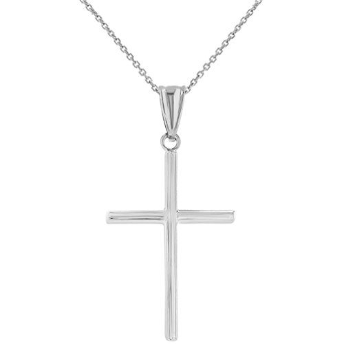 Jewelry America High Polished 14K White Gold Plain Slender Cross Pendant with Chain Necklace