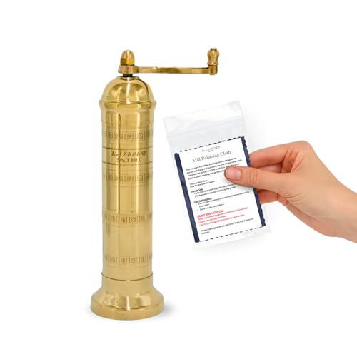 Alexander Home Original Greek Salt Mill, 8-Inch Brass– European Manual Salt Grinder Refillable, with Polishing Cloth