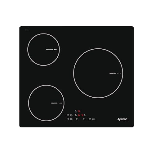 Apelson Placa de Inducción AIT 3601 3 Zonas Cocción Control Táctil 9 Niveles Potencia + Booster Función Temporizador Alarma Detección Recipientes Potencia 5,3 kW Color Negro
