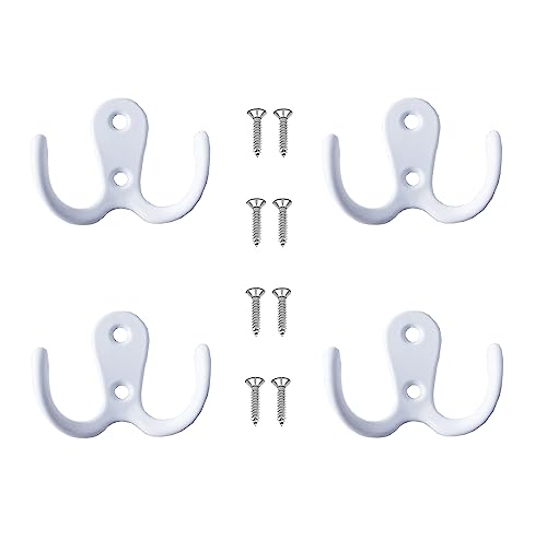 Yesmin 4 Pcs Double Prong Robe Hooks Dual Coat Hooks Wall Mounted Hanging Clothes for Bathroom Bedroom Door Wall Retro Metal Cloth Hanger Double Coat Hooks with 8 Screws (White)