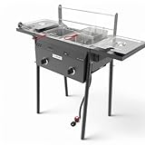 GasOne Outdoor Propane Deep Fryer - Double Burners, 16 Qt Removable Baskets & Lids, Oil Fryer Cart with Thermometer & Regulator - Perfect for Outdoor Cooking & Commercial Use