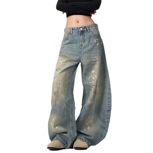 Neutral Retro Curved Jeans - Spring New, Splashed Ink, Worn Out, Straight Tube, Loose fit