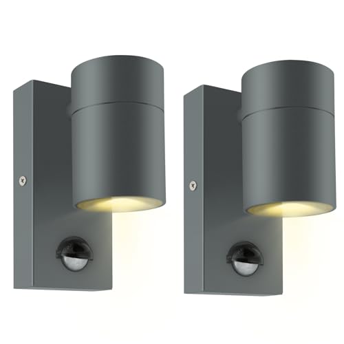 Kerry Outdoor Motion Sensor Wall Lights, Downward Outside Lighting Mains Powered, IP44 Anthracite Grey Stainless Steel Downlight, Exterior PIR Detector Security Fixture for Front Door, Porch - 2 Pack