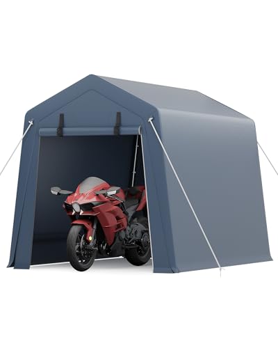 Abri Moto 6×8 FT – Tissu PE Tuyau Galvanisé, Porte à Fermeture Éclair, Fenêtres Grillagées, Abri Jardin Résistant Intempéries Gris