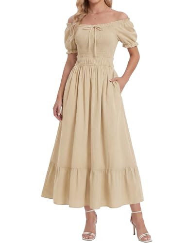 Scarlet Darkness Renaissance Dress Women Short Sleeve Smocked Dresses Cotton Fairy Dress with Pockets Apricot XL