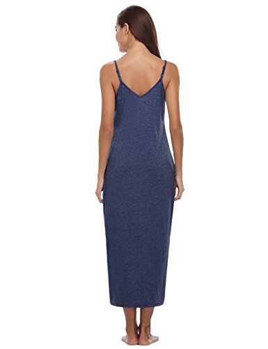 Aibrou Women's Cotton V Neck Long Nightgown Sleeveless Full Slip Night Dress Dark Blue