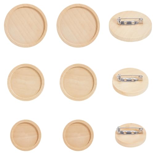 SUNNYCLUE 24Pcs 3 Sizes Pin Brooch Cabochon Wooden Cabochon Blanks Bulk Natural Wood Basic Flat Round Frame Tray Lapel Brooches Settings with Stainless Steel Safety Pins for Jewelry Making DIY Crafts