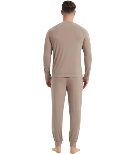 Image of NACHILA Mens Pajamas Set Long Sleeve Henley Sleepwear Top Soft Jogger Pants Pajamas Cool Pjs Set,Viscose Made from Bamboo