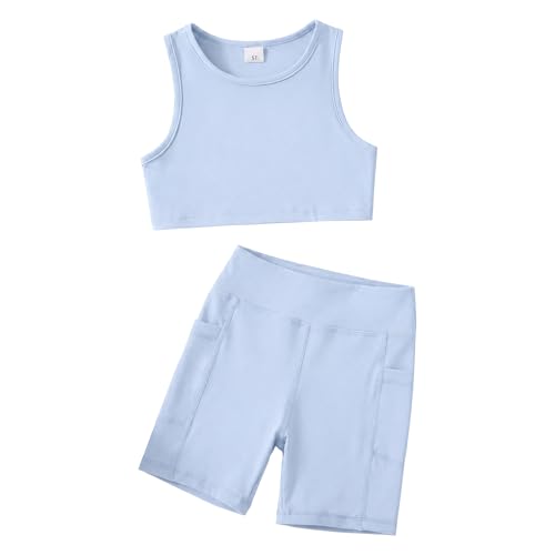 Image of Chichoo Girl's 2 Piece Athletic Outfits Workout Sets Sleeveless Crop Tank Tops and Bike Shorts Gymnastic Yoga Summer Kid 2-6Y
