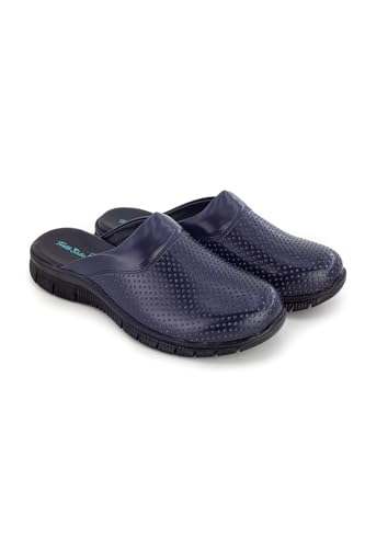Terlik Sabo ComfortFlex ST119 Zuecos de Cuero Mules Zapatillas Zapatos Sabot, Mujer, Azul Marino, EU 39