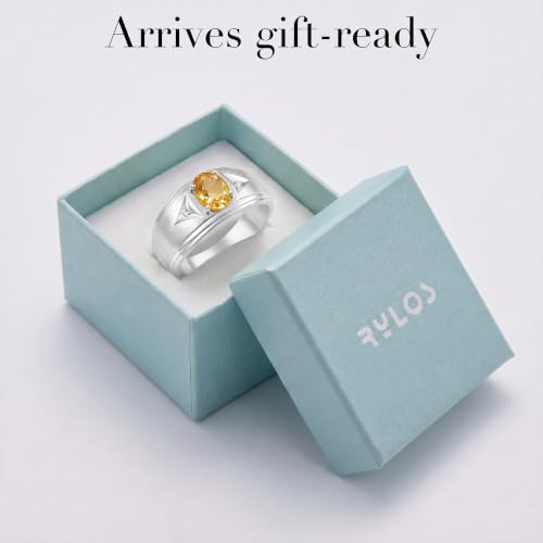 Image of Rylos Men's Rings Classic Design 8X6MM Oval Gemstone & Sparkling Diamond Ring - Color Stone Birthstone Rings for Men, Sterling Silver Rings in Sizes 8-13. Elevate Your Style with Timeless Elegance!