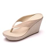 Women's Flip Flops Slides Wedge Sandals Hawaii Beach Wedge Sandal Open Toe Boho Sandals Summer Slippers (Beige,7.5-8/ -39)